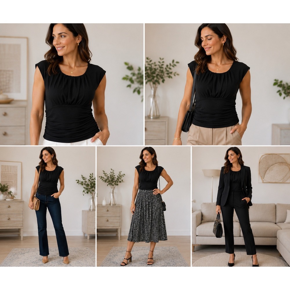 Alfani Scoop Neck Sleeveless Top Womens Large Black Ruched Stretch